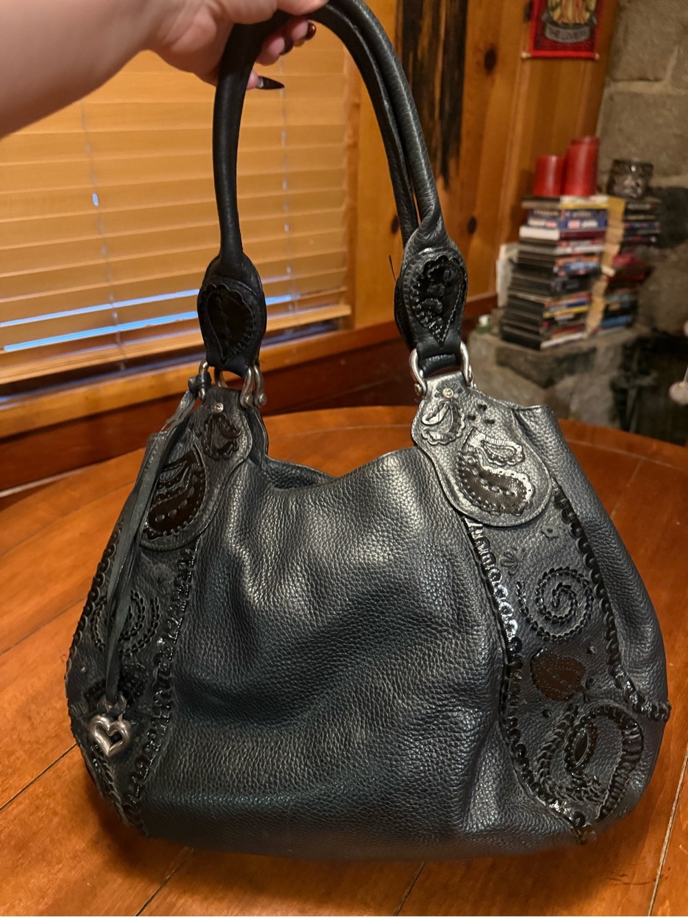 Black Embossed Leather Shoulder Bag